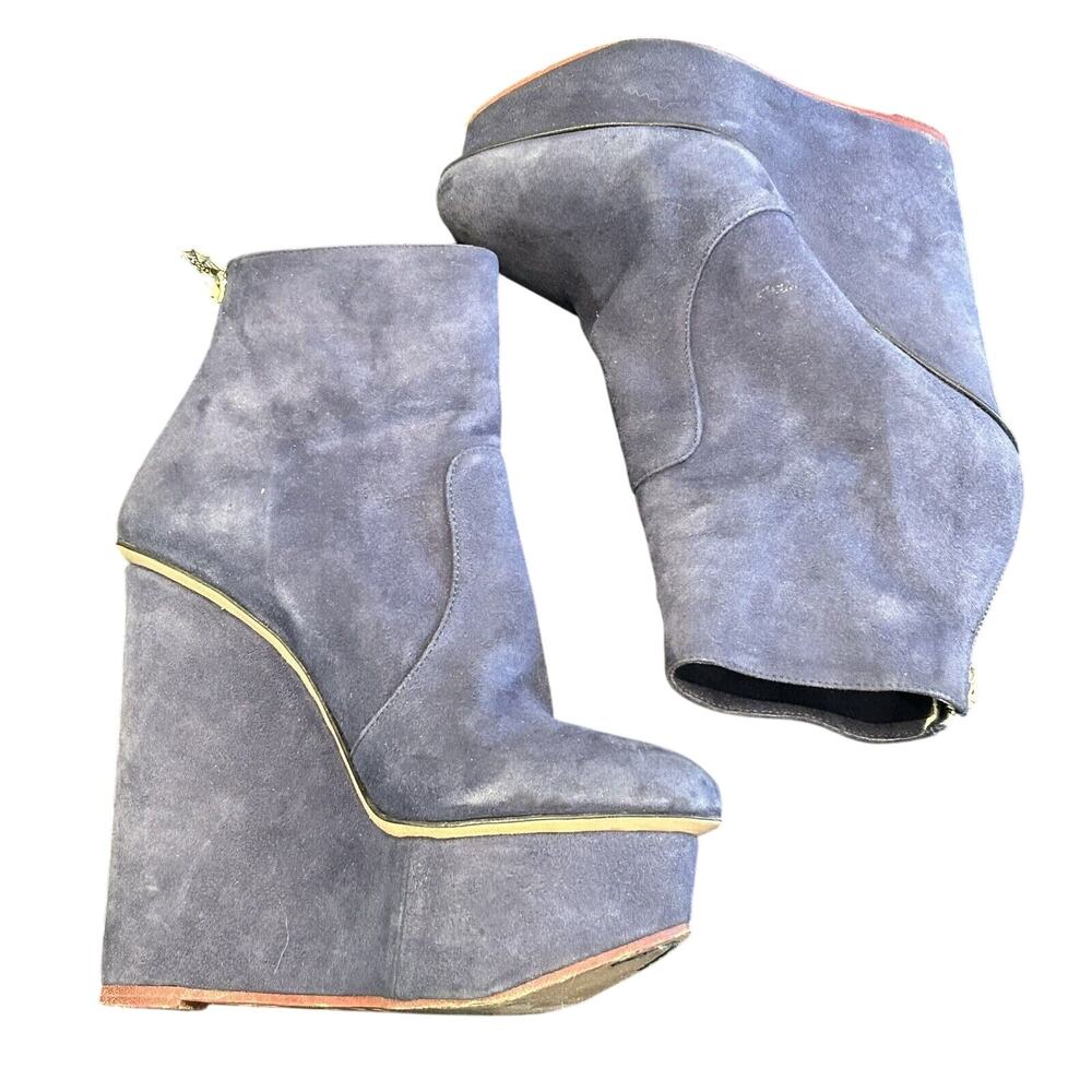 Charlotte Olympia Women's Blue Suede Back Zip Wedge Heel Ankle Booties Sz EUR 35 - Picture 5 of 7